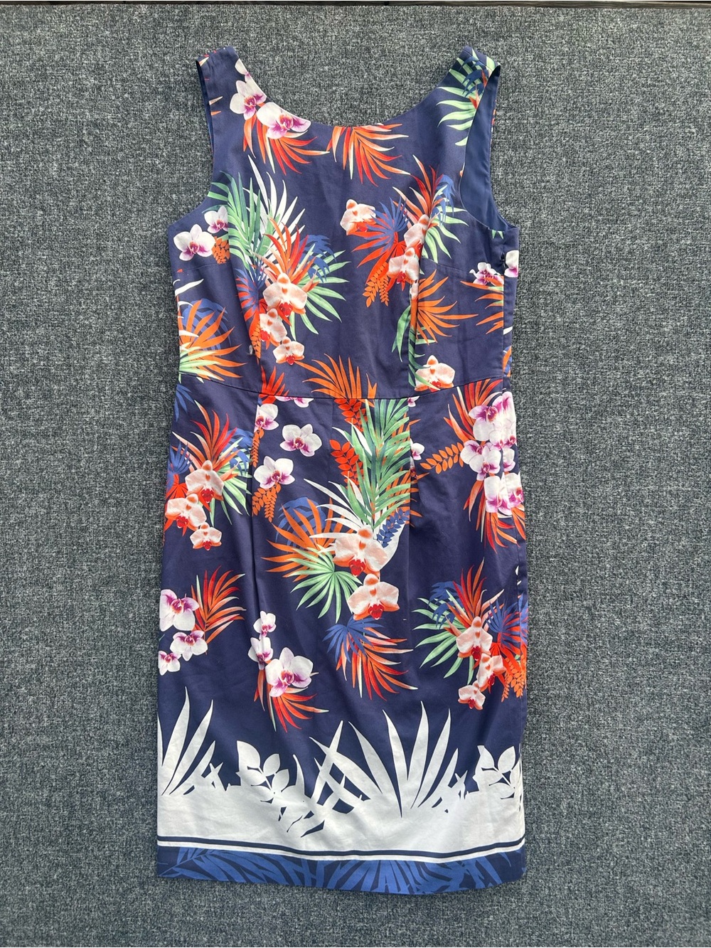 Talbots sleeveless Tropical Sheath Dress Navy Blue Orchid Palm floral size 10